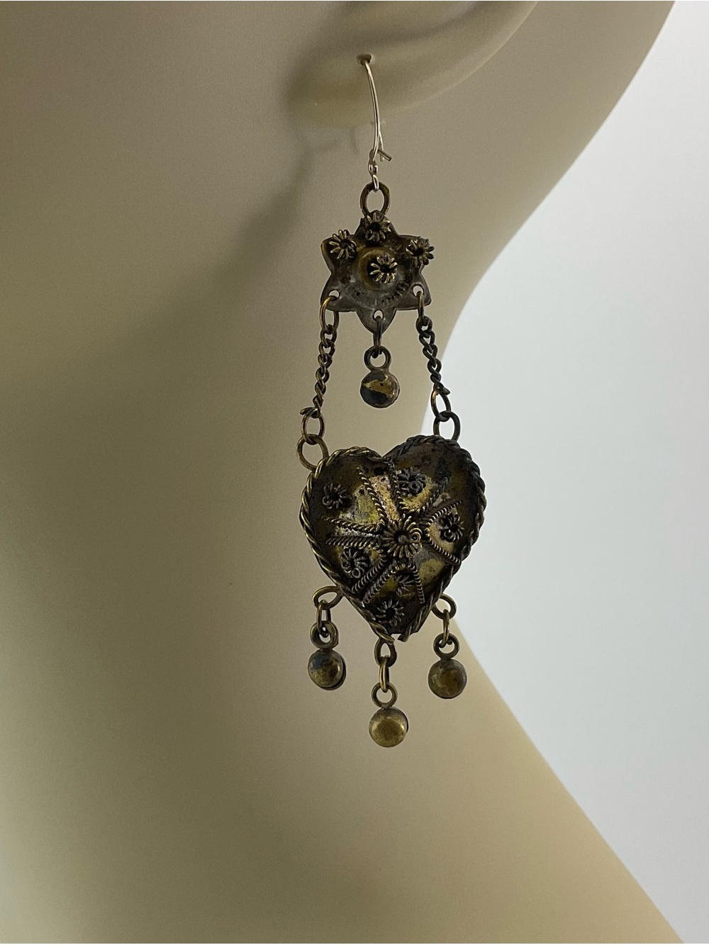 Vintage Heart & Star Chandelier Earrings, Brass, India, BoHo Festival - Picture 8 of 9